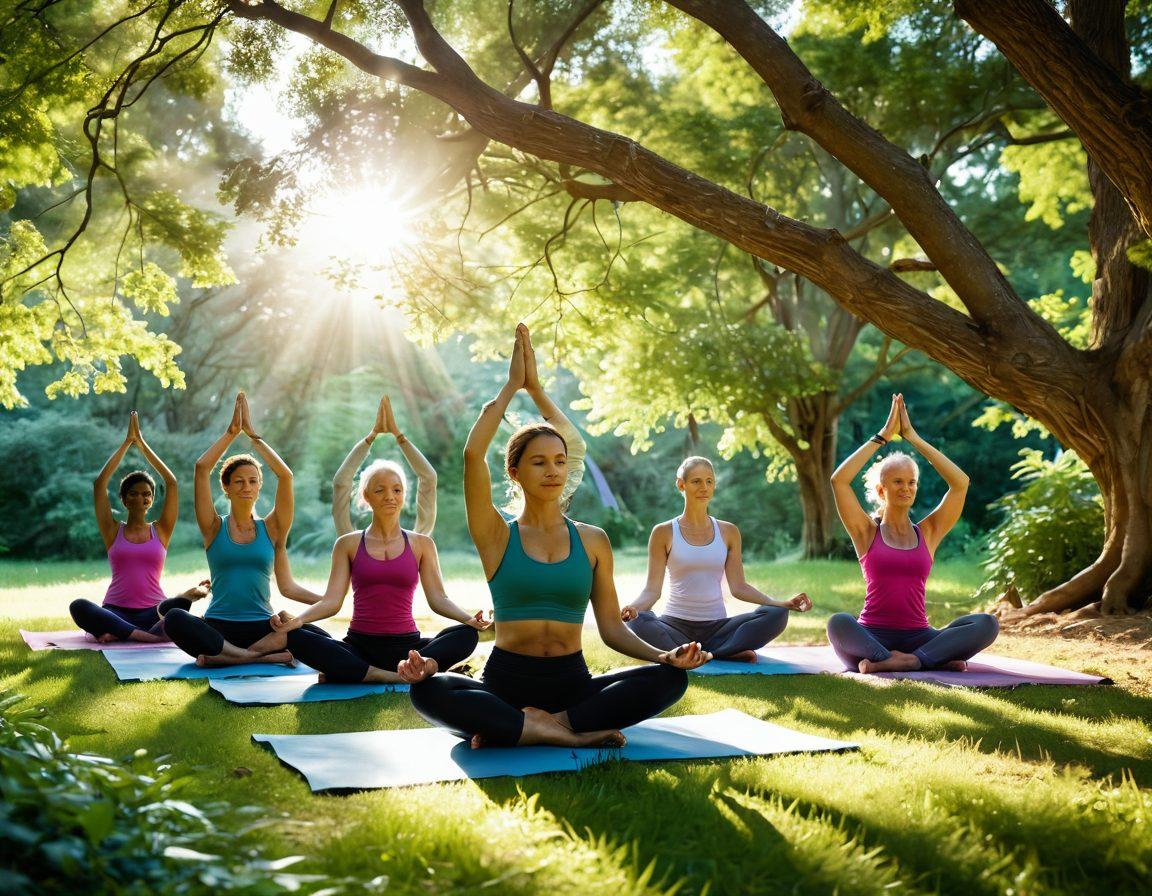 A serene scene depicting a diverse group of cancer warriors engaged in a wellness retreat, practicing yoga amidst a lush green landscape. Sunlight filters through trees creating a warm, hopeful atmosphere. Symbolic elements like ribbons, healthy food, and meditation devices are subtly incorporated. Faces express determination, resilience, and joy. super-realistic. vibrant colors. tranquil ambiance.