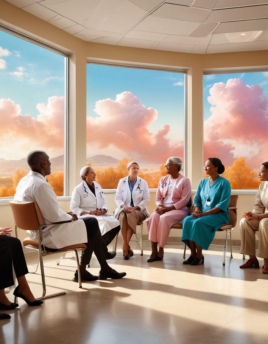 A serene scene depicting a diverse group of patients and healthcare professionals engaged in an informative discussion in a bright, welcoming clinic setting. Infographics about cancer research and support resources float around them like clouds. The warmth of camaraderie shines through their expressions, symbolizing hope and empowerment. Soft natural light filters through large windows. super-realistic. vibrant colors. warm tones.