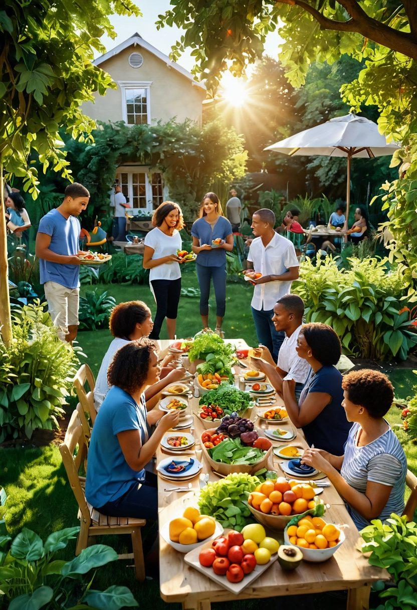 An inviting scene featuring a diverse group of people sharing healthy meals outdoors, surrounded by lush greenery and colorful fruits and vegetables. In the background, a community garden symbolizes collaboration and growth. Warm sunlight casts a golden glow, enhancing the sense of togetherness and vitality. super-realistic. vibrant colors. 3D.